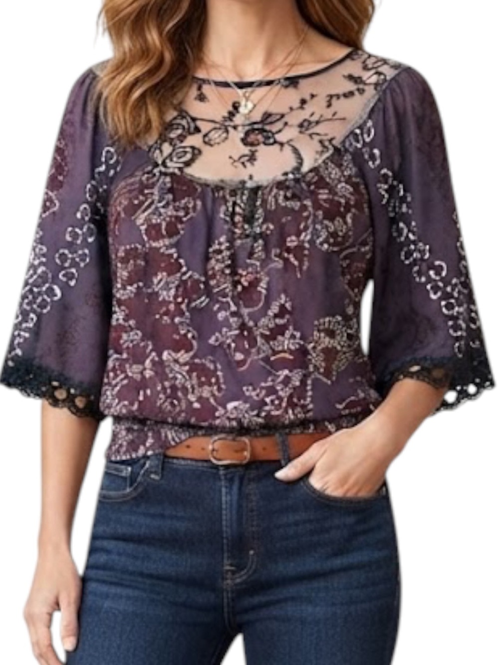 LANGUAGE LOS ANGELES Nordstrom Bohemian Blue Floral Lace Front Blouse Medium